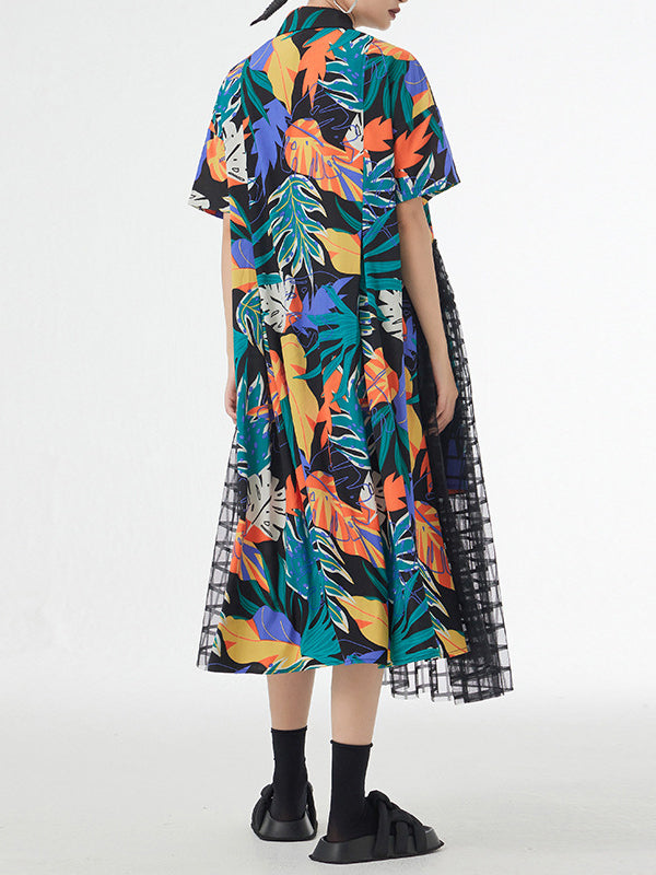 A-line Loose Buttoned Hollow Mesh Printed Split-joint Lapel Midi Dresses