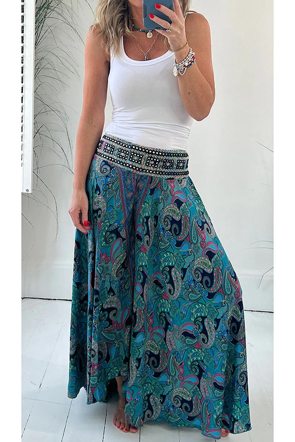 Paisley Print Elastic Patchwork Waist Pocketed Lightweight Pants