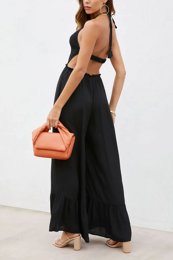 Color Halter Neck Open Back Flared Jumpsuit