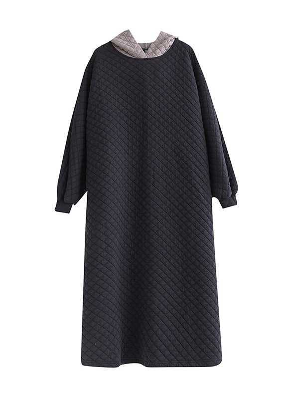 A-line Long Sleeves Hooded Quilted Split-side Midi Dresses