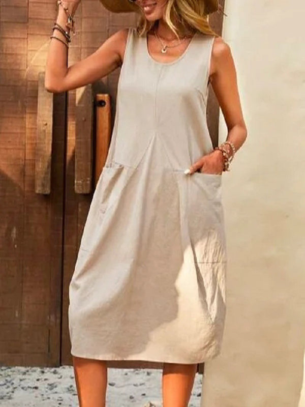 Loose Sleeveless Pleated Color Split-joint Round-neck Midi Dresses