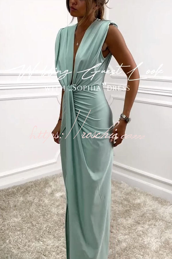 Classic and Dates V-neck Ruched Drape Slit Midi Dress