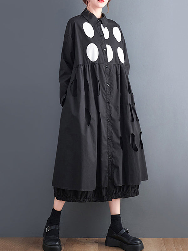 Stylish Long Sleeves A-line Polka Dot Polo Shirt Midi Dresses