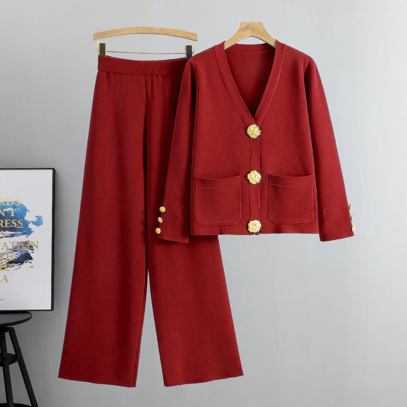 Azaria – Metal Button Wool Sweater Pants Suit