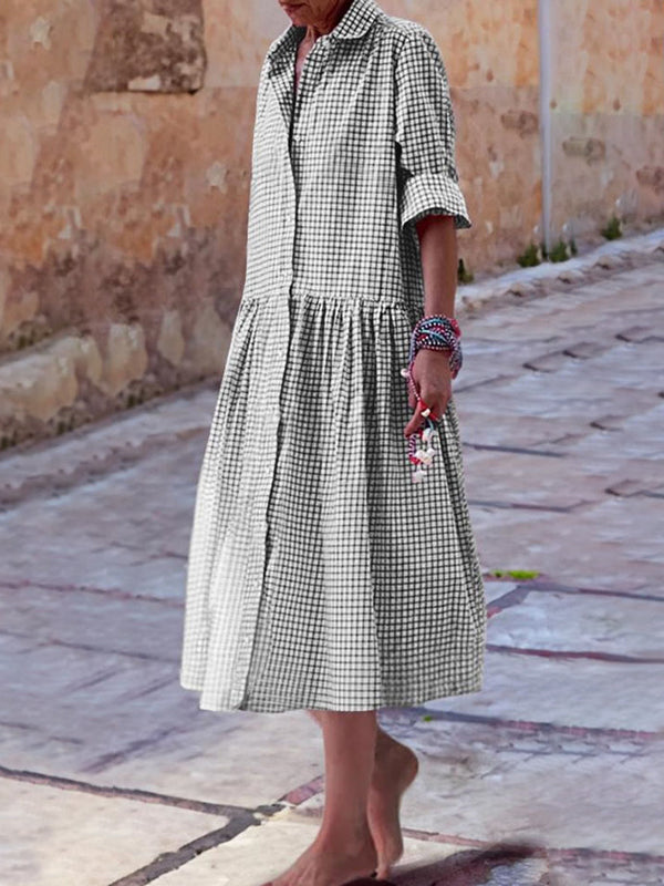 Long Sleeves Loose Buttoned Plaid Pleated Pockets Split-joint Lapel Midi Dresses