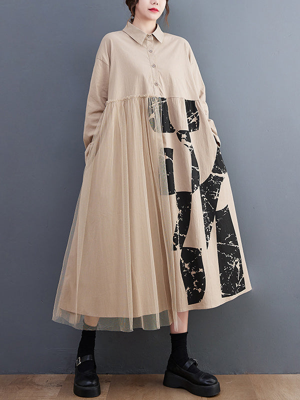 Long Sleeves Loose Contrast Color Split-joint Lapel Collar Midi Dresses