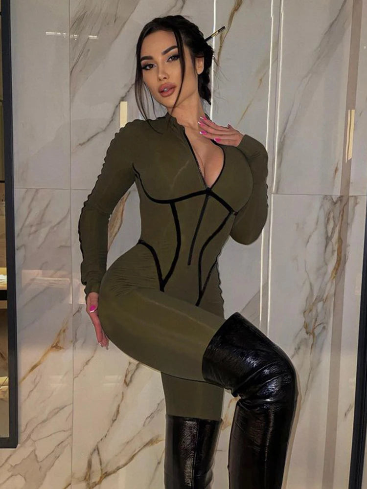 Zipper Jumpsuit Long Sleeve Bandage Tights Jumpsuits Female Party Bodycon Stretch Sporty & Leisure