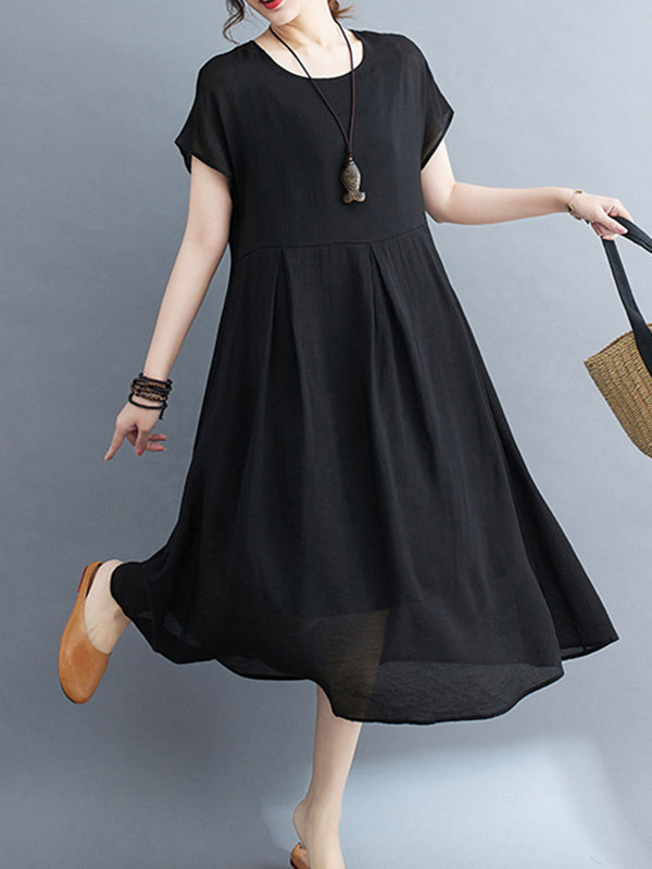 Loose Short Sleeves Color Split-joint Round-neck Midi Dresses