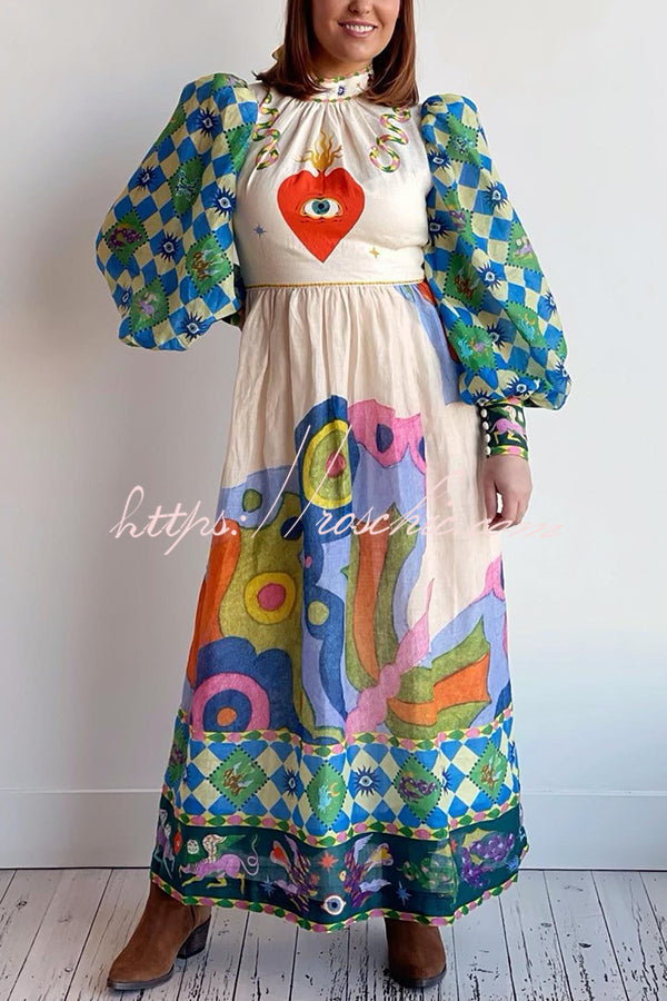 Dear to My Heart Unique Print Lantern Sleeve A-line Midi Dress