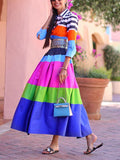Loose Three-quarter Sleeves Buttoned Contrast Color Striped Lapel Collar Midi Dresses