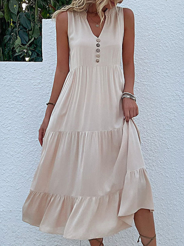 Loose Sleeveless Pleated Split-joint V-neck Midi Dresses