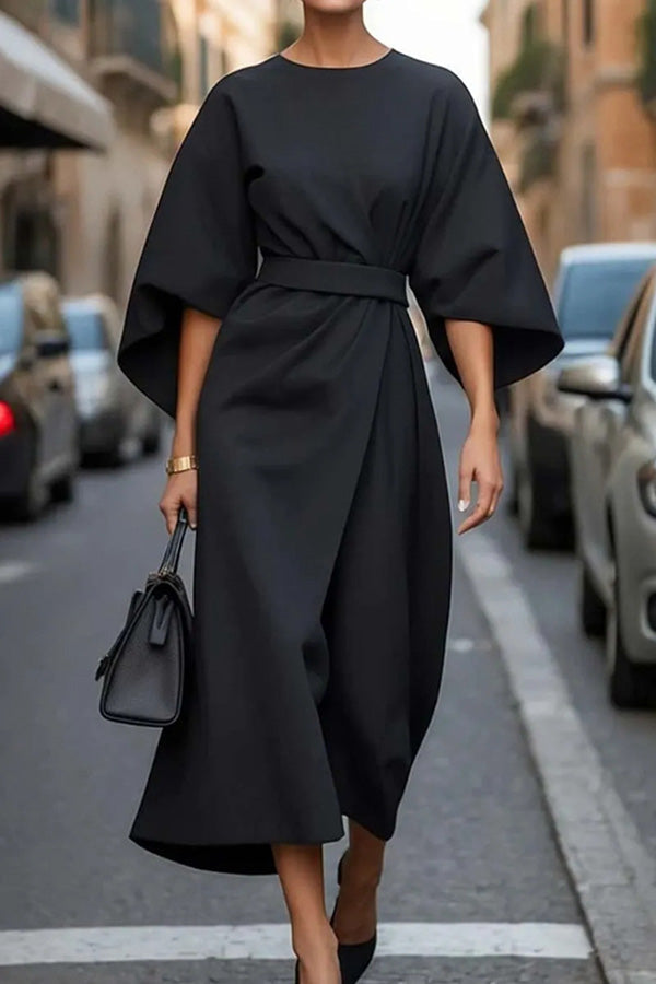 Color Batwing Sleeve Waisted Midi Dress
