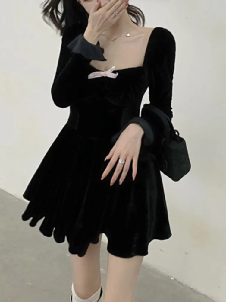 Sweet Black Velvet Mini Dress Flare Sleeve Square Collar Autumn Winter France Birthday Party Kawaii Vestidos New