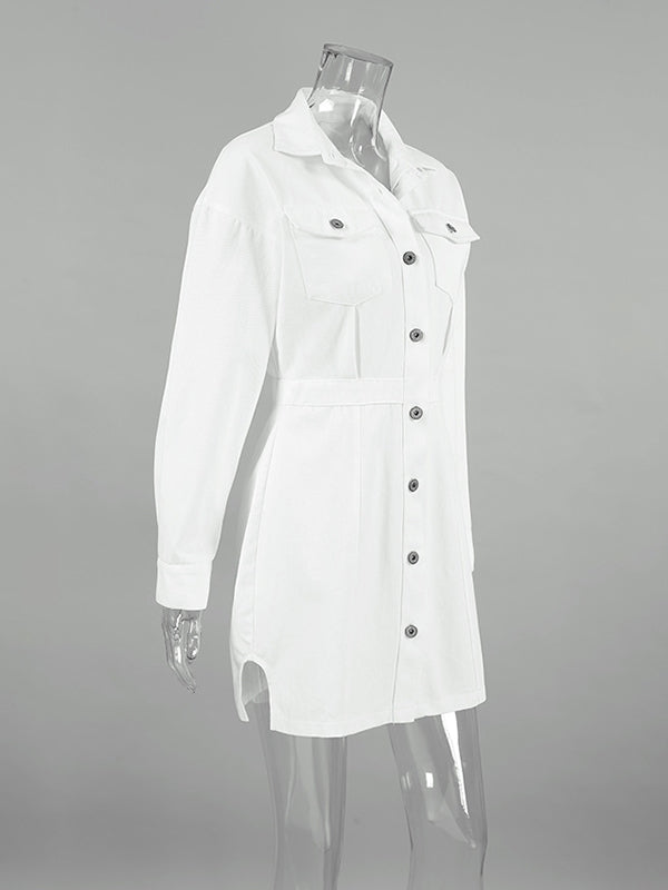 A-line Long Sleeves Buttoned Pockets Color Split-side Lapel Mini Dresses