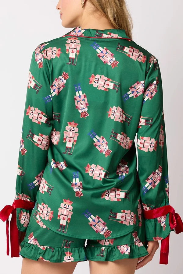Christmas Printed Bow Tie Top and Elastic Waist Ruffle Shorts Set