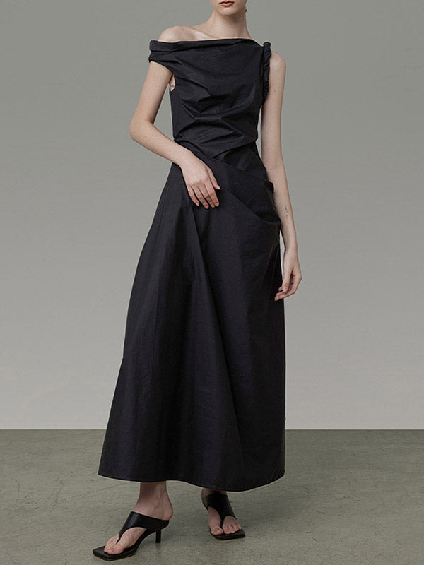 A-line High Waisted Asymmetric Color One-shoulder Midi Dresses