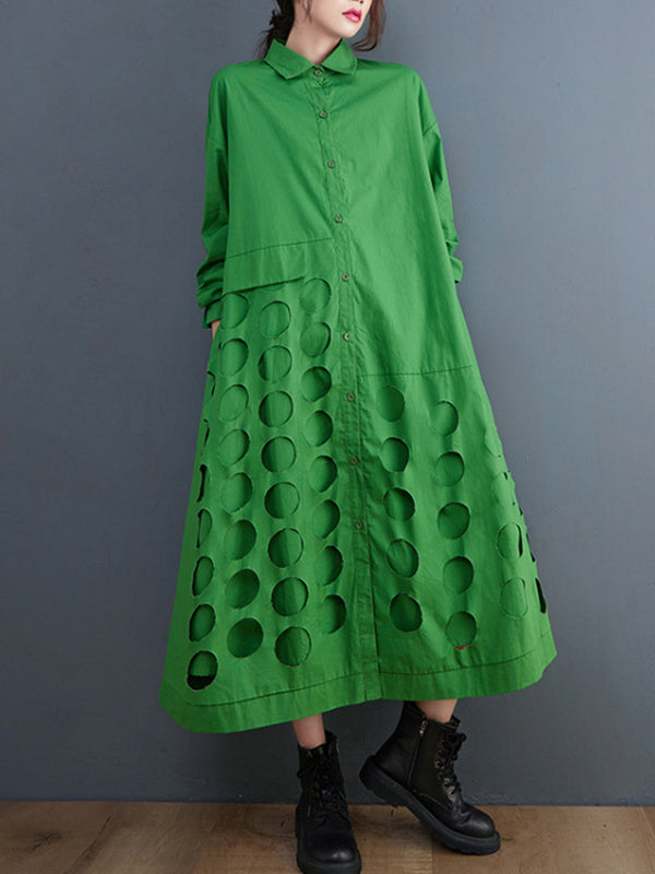 A-line Long Sleeves Asymmetric Hollow Polka-dot Color Lapel Midi Dresses