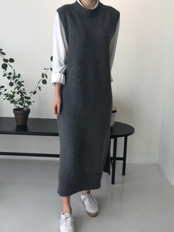 Urban Loose Sleeveless Color Round-neck Midi Dresses Sweater Dresses