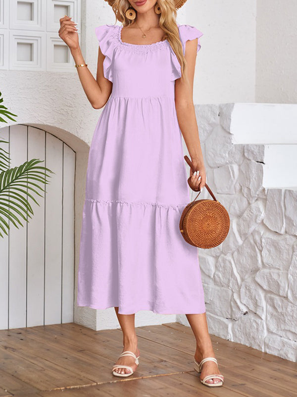 A-line Loose Elasticity Pleated Ruffled Color Split-joint Off-the-shoulder Midi Dresses