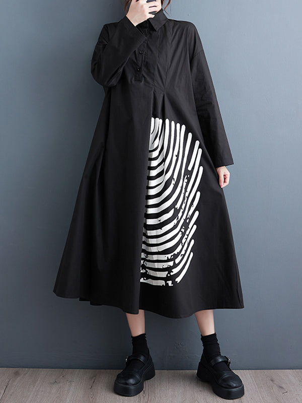 A-line Long Sleeves Asymmetric Buttoned Striped Lapel Midi Dresses