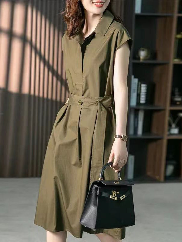 Short Sleeves Bandage Color Lapel Midi Dresses