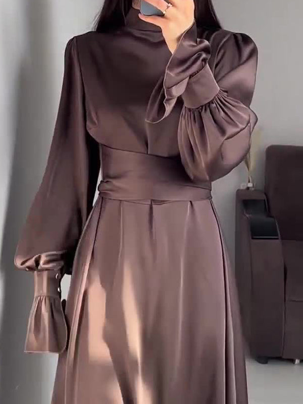 A-line Long Sleeves Pleated Color Tied Waist Zipper Mock Neck Maxi Dresses