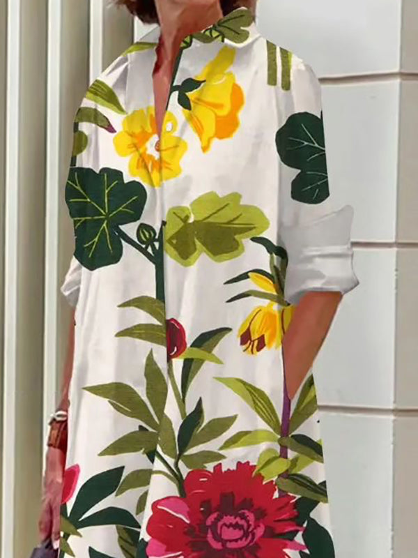A-line Long Sleeves Flower Print Pockets Split-joint Lapel Midi Dresses