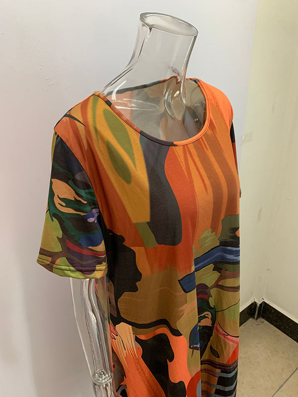 A-line Loose Printed Round-neck Midi Dresses