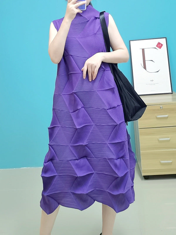 Sleeveless Irregularity Pleated Color Stand Collar Midi Dresses