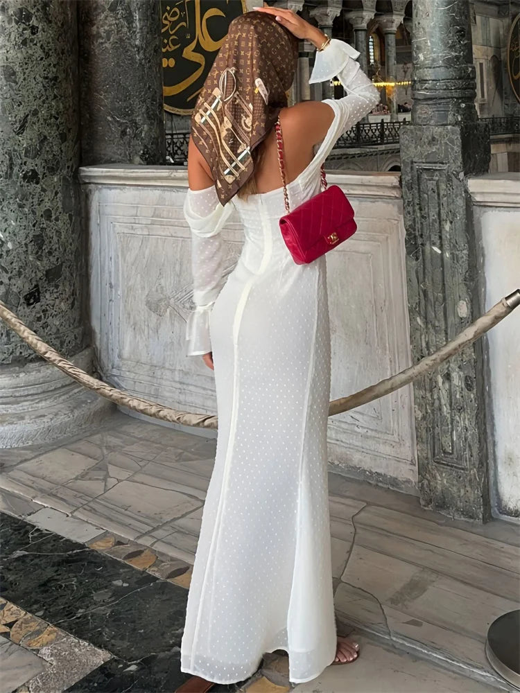 Mesh Backless Long Dress Female Lace-up High Waist Off-shoulder Slim Autumn Party Dress ’s