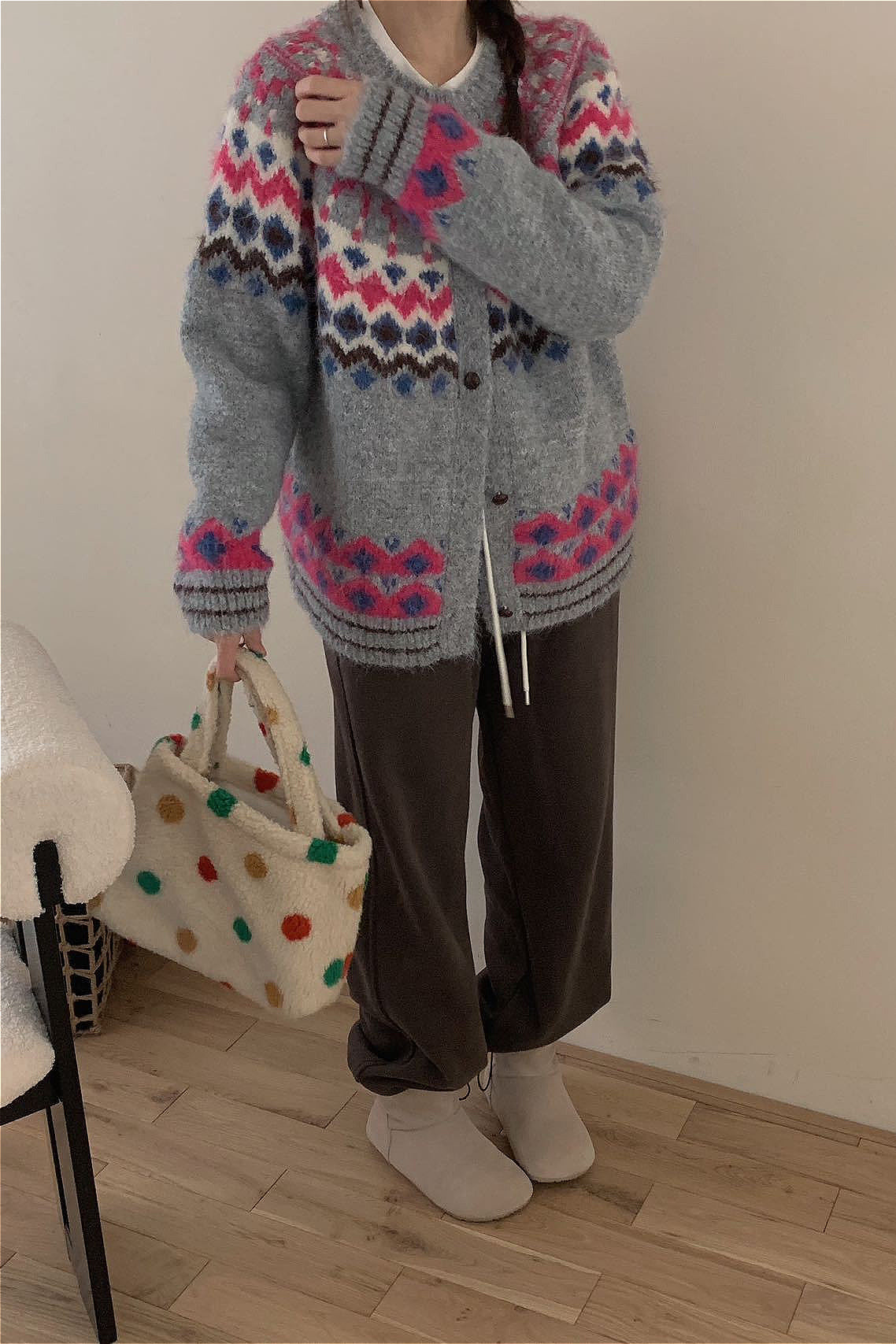 Fair Isle Jacquard Colorblock Knit Cardigan