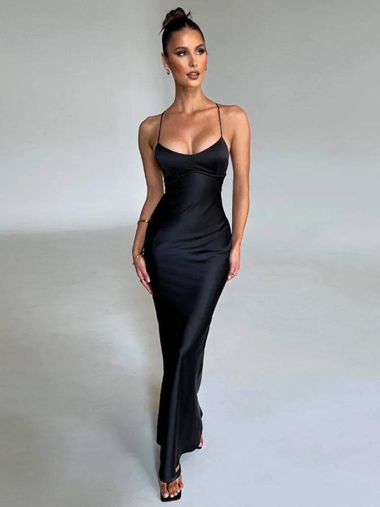 Satin Backless Maxi Dress for Autumn New Spaghetti Strap Sleeveless Bodycon Long Dress Vestido Clubwear