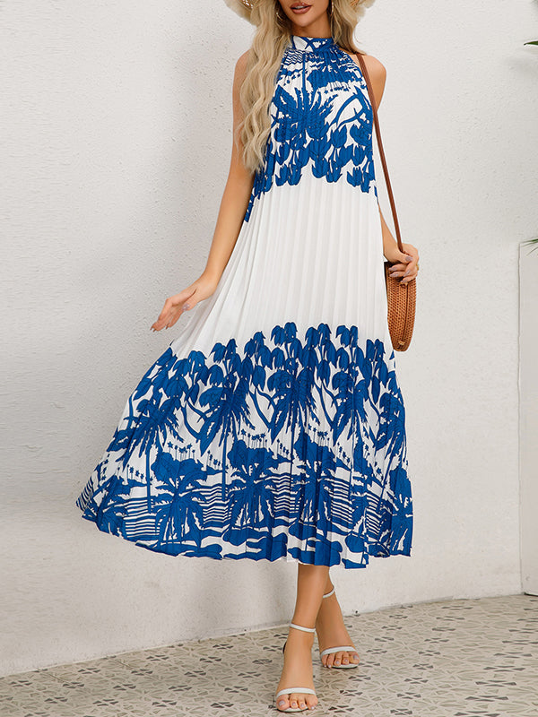 A-line Loose Hollow Pleated Printed Tied Mock Neck Midi Dresses