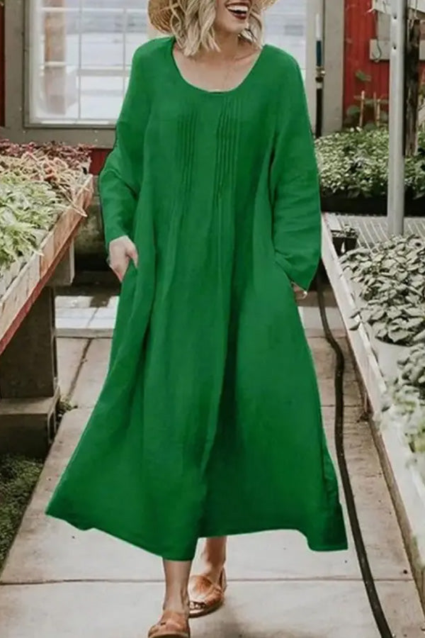 Round Neck Loose Color Long Sleeve Maxi Dress