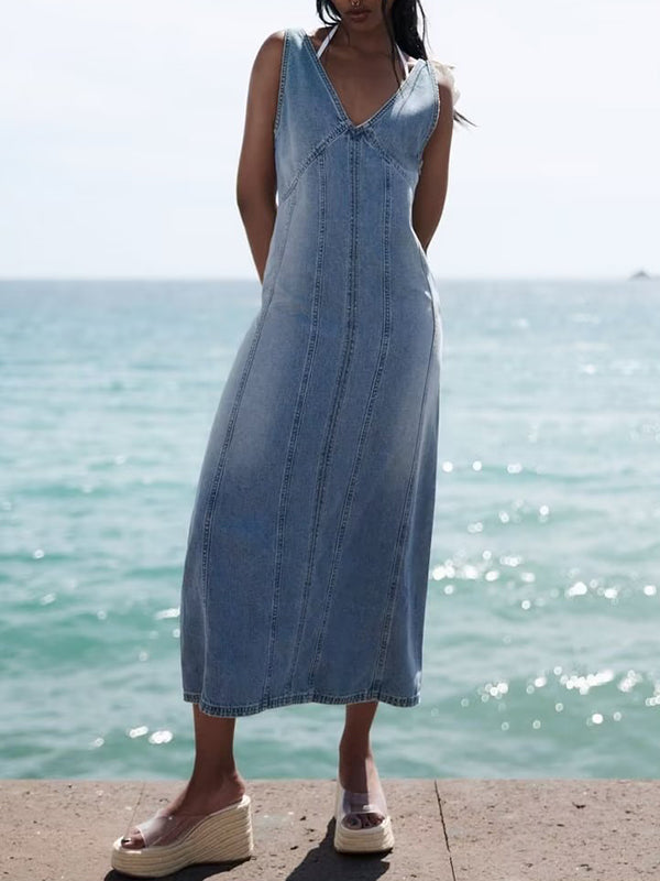 Sleeveless Split-joint V-neck Midi Dresses