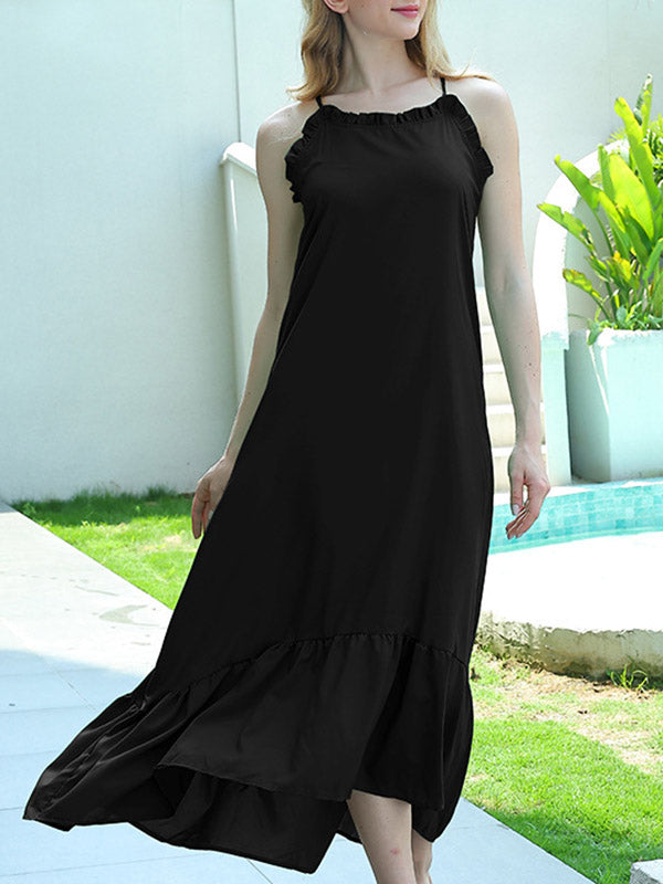 A-line High Waisted Ruffle Trim Color Split-joint Tied Spaghetti-neck Midi Dresses