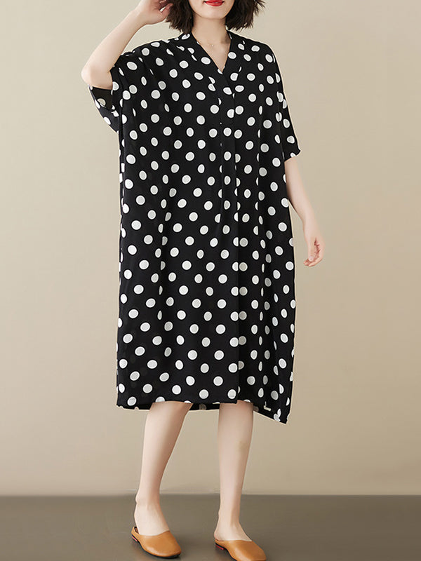 Loose Short Sleeves Polka-dot V-neck Midi Dresses