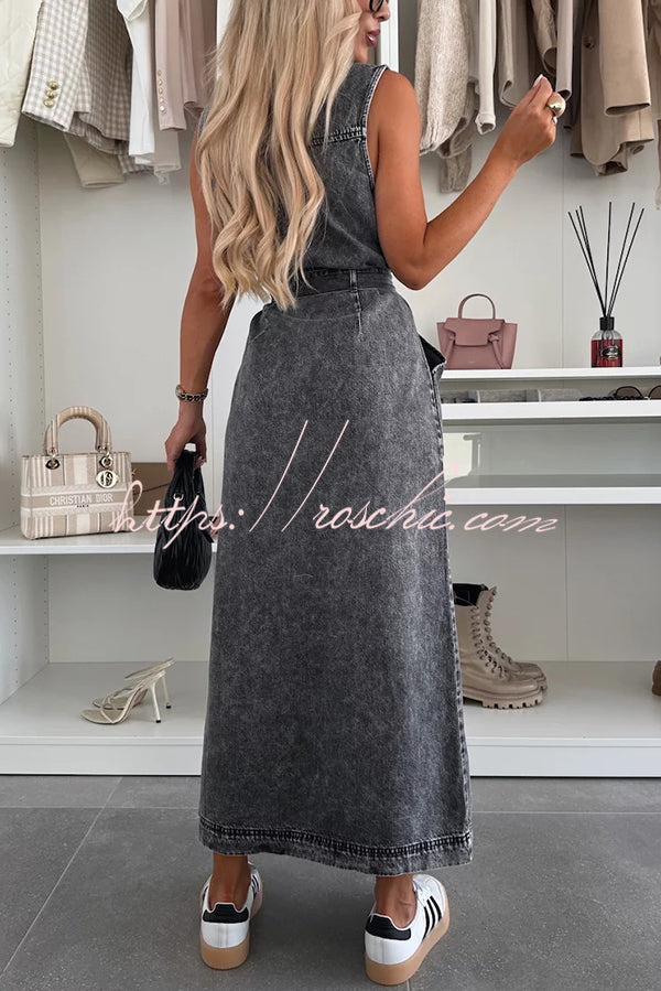 Color Sleeveless Single Breasted Waist Tie Pocket Denim Midi Dress