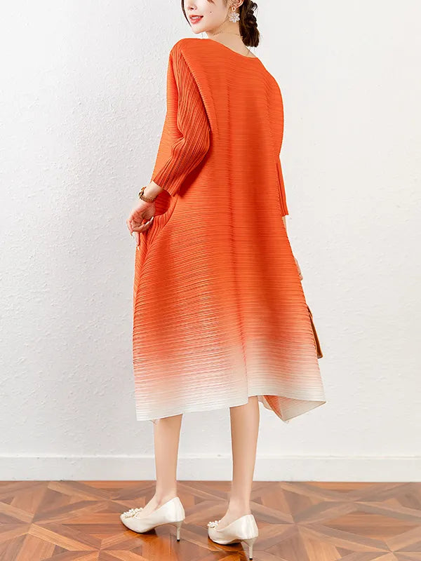 Original Long Sleeves Loose Pleated Gradient Round-neck Midi Dresses