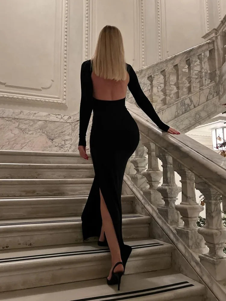 Black Backless Slim Long Dress for High Split Long Sleeve Patchwork Party Dress Maxi Dress