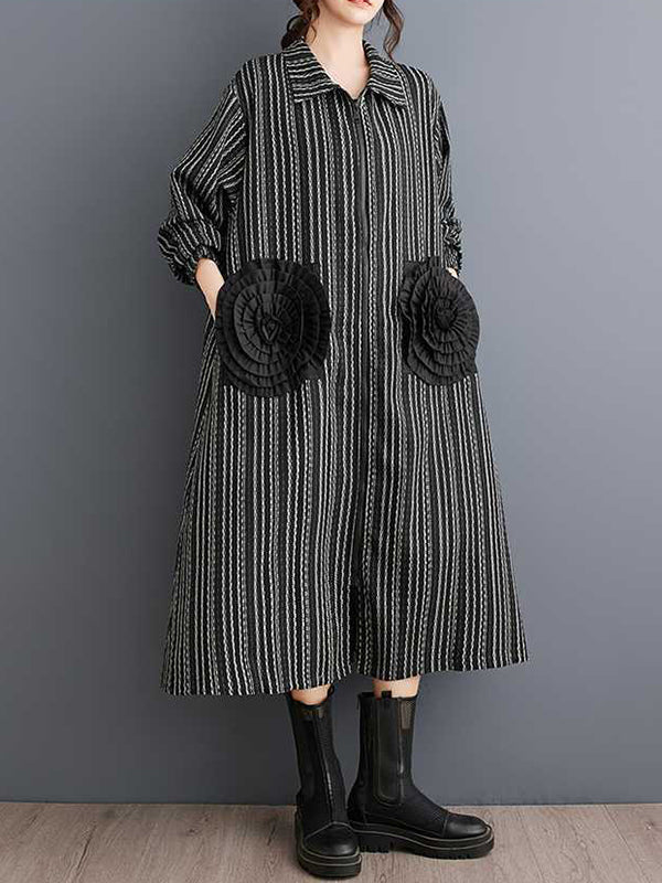 A-line Long Sleeves Elasticity Pockets Striped Zipper Lapel Midi Dresses
