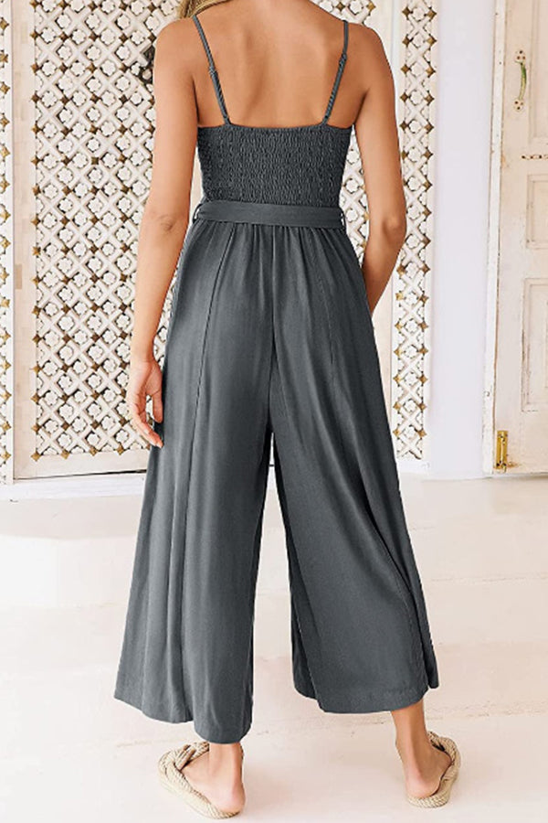 Sleeveless Spaghetti Strap V-neck Gathered Wide-leg Jumpsuit
