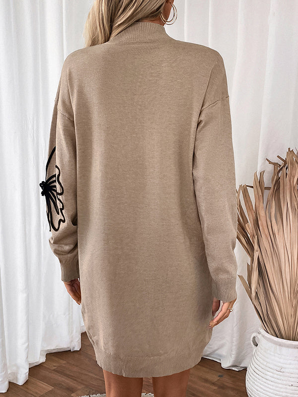 Long Sleeves Loose Knitted Flower Split-joint Mock Neck Mini Dresses Sweater Dresses