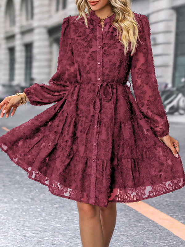 A-line Long Sleeves Buttoned Elasticity Jacquard Pleated Color Tied Waist Stand Collar Mini Dresses