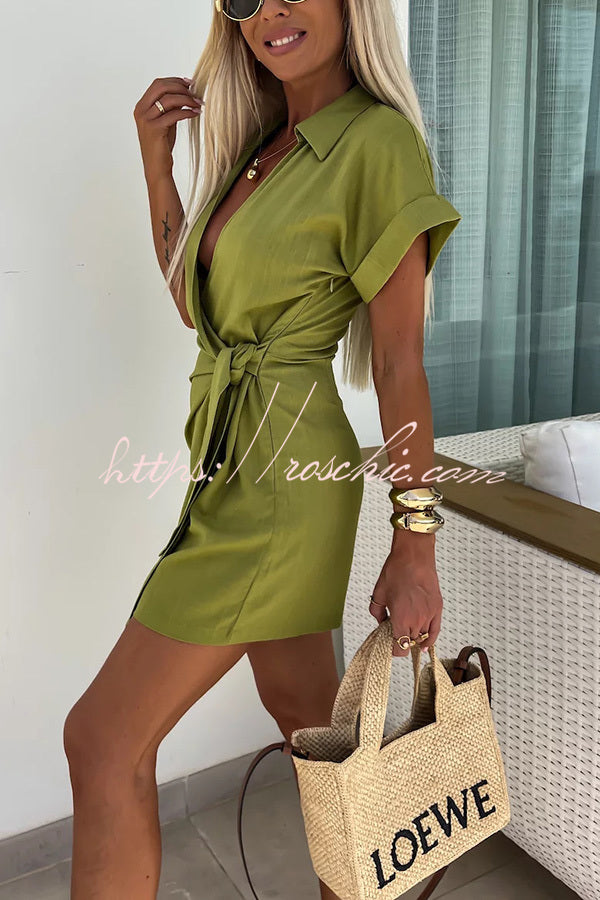 Relaxing Beach Linen Blend Color Wrap Loose Shirt Romper