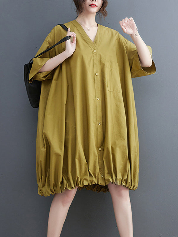 Loose Short Sleeves Color V-neck Midi Dresses