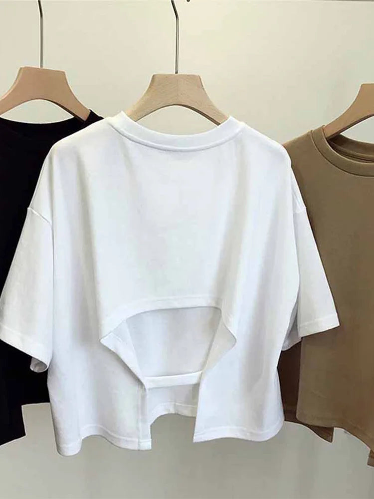 Summer New Backless T-shirt Korean Round Neck Loose Sweet Spicy Wind Short-sleeved Crop Tops