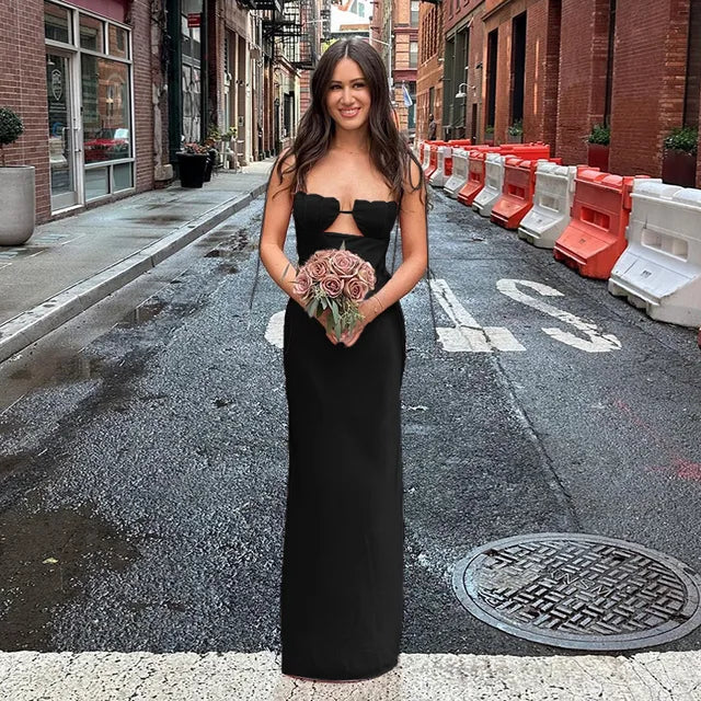 Satin Bandage Dress Hollow Out Sleeveless Slim Long Dresses Femme Summer Party Backless Dress Woman
