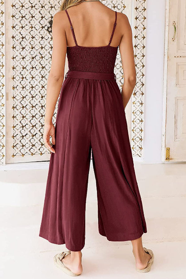 Sleeveless Spaghetti Strap V-neck Gathered Wide-leg Jumpsuit