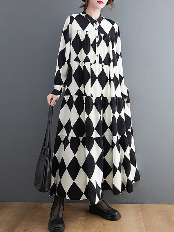 A-line Long Sleeves Buttoned Plaid Polo Midi Dresses